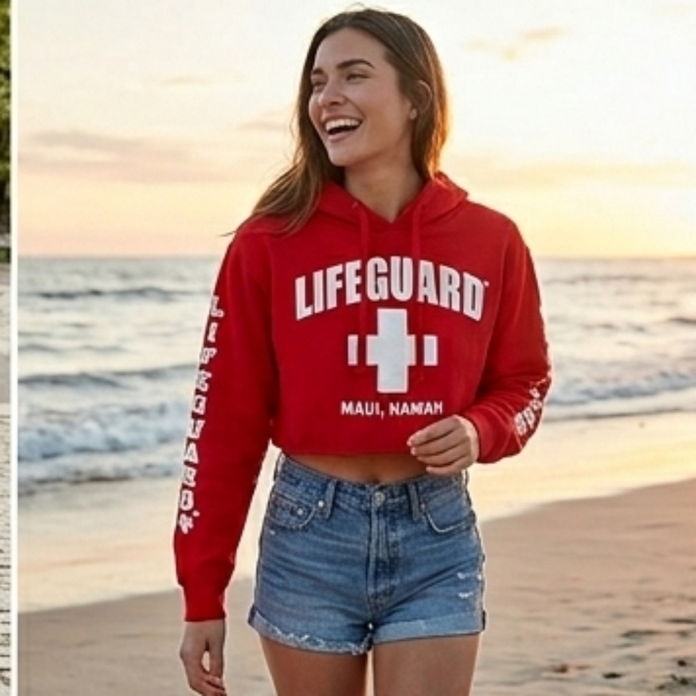 Great Condition LIFEGUARD Maui Hawaii Red White Cotton Cropped Hoodie Size Small